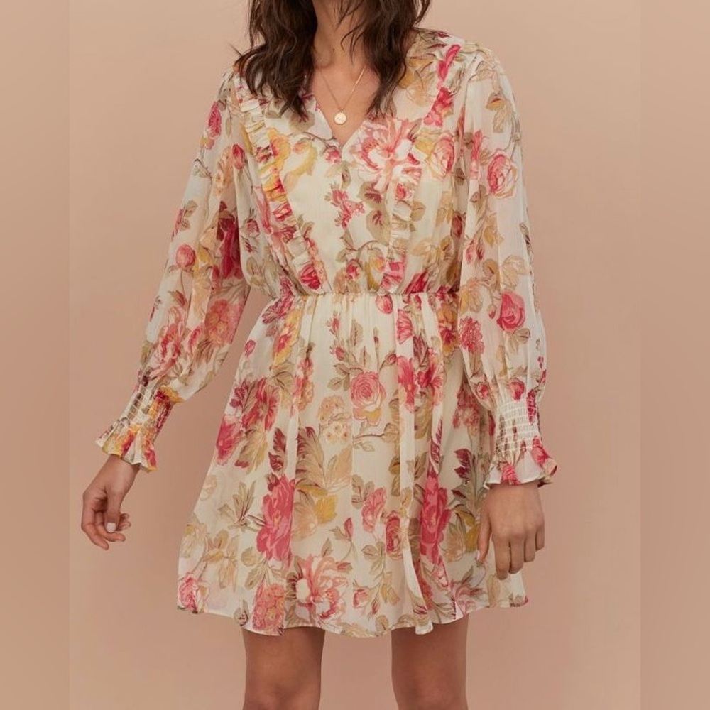H&M Pink and Orange Long Sleeve V-Neck Dress S